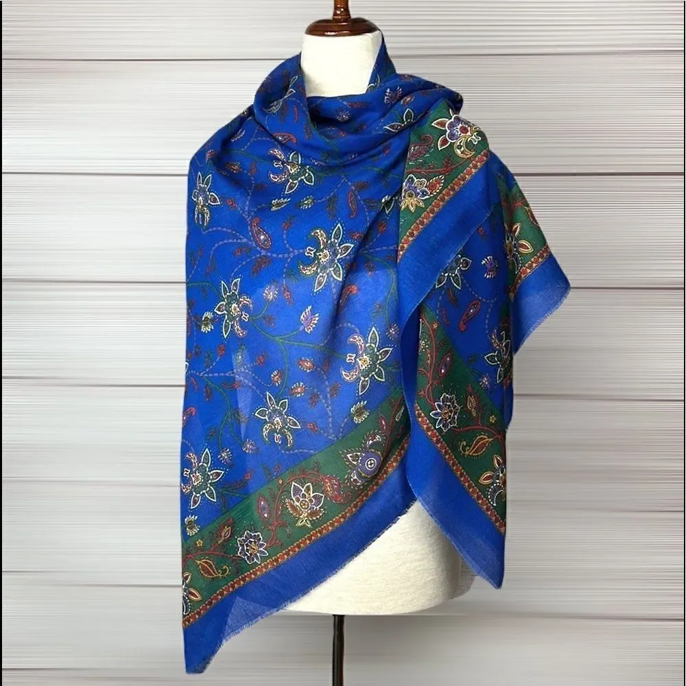 NWOT Creation Francaise Vintage Big Square Royal Blue Floral Scarf Shawl Wrap